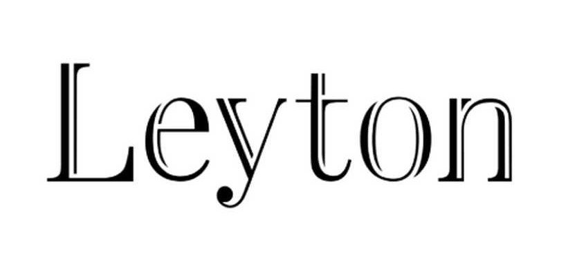 The word "Leyton" written in an elegant, bold serif font with stylized double lines and geometric cuts on a white background.